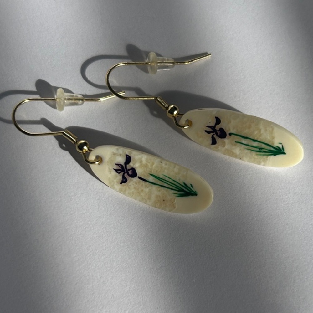 Hand-Painted Scrimshaw Ivory Floral Wild Iris Dangle Earrings